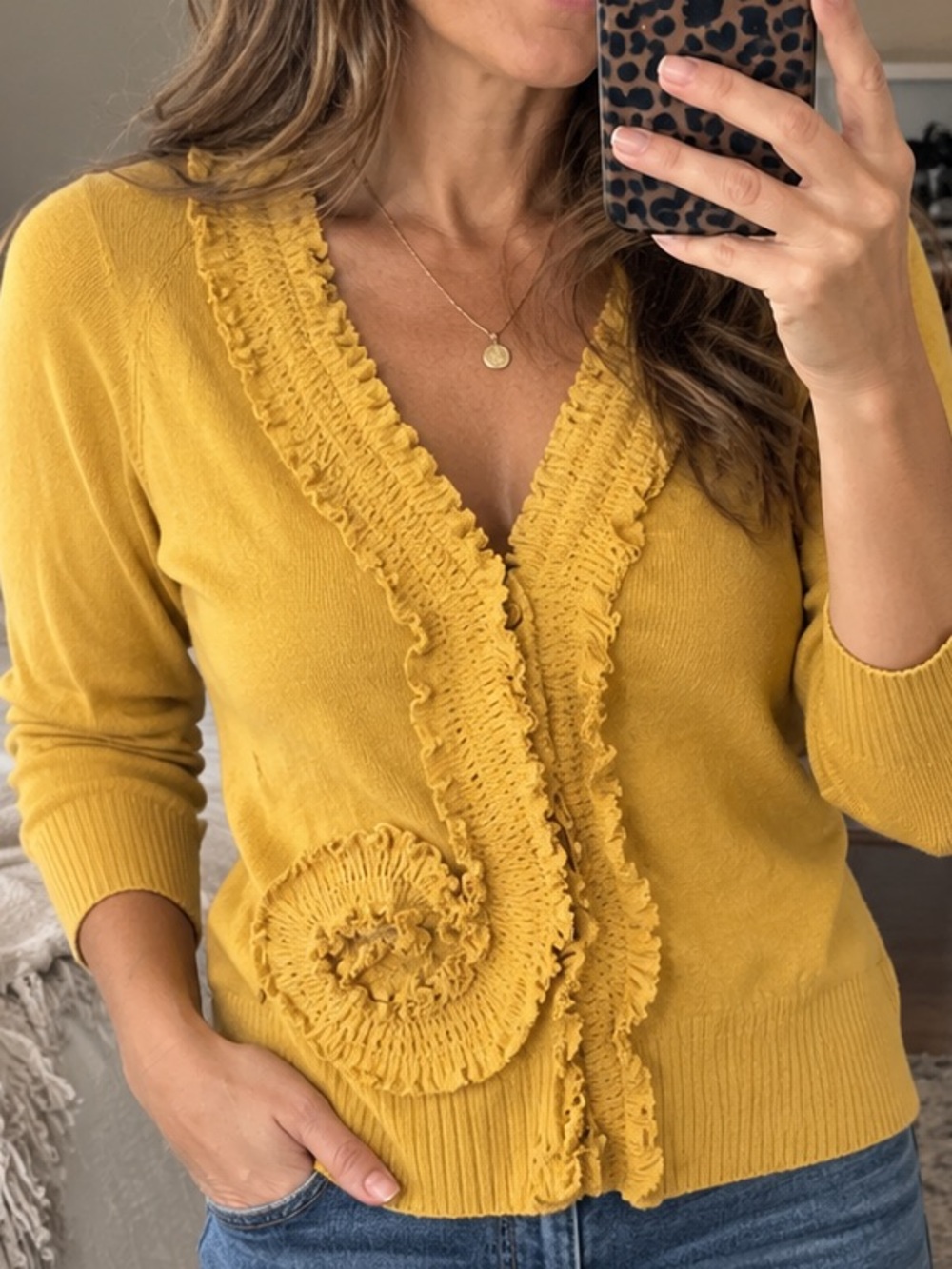 Anthropologie Sparrow Cardigan XS Mustard‎ Yellow Ruffle Rosette Button Front